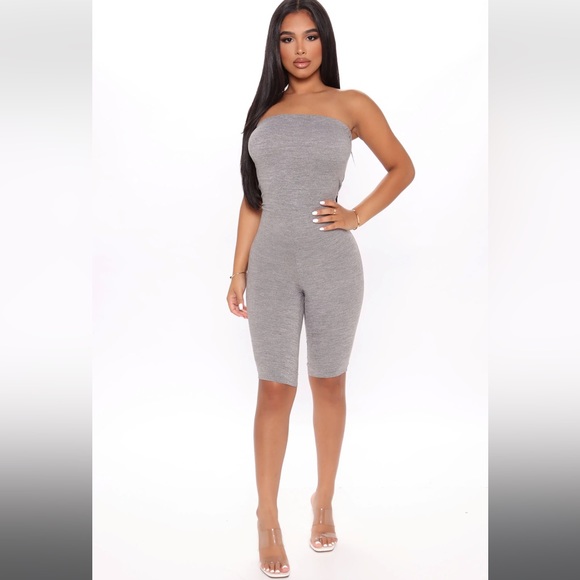 Fashion Nova Pants - Gray Tube-top Biker Short Romper